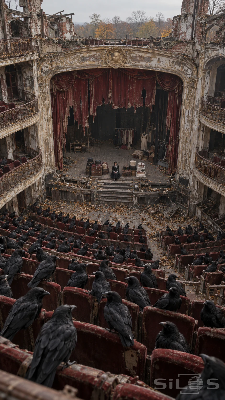 Black crows occupy rows of red theatre seats beneath an open roof, facing a small woman among costumes and hatboxes onstage.