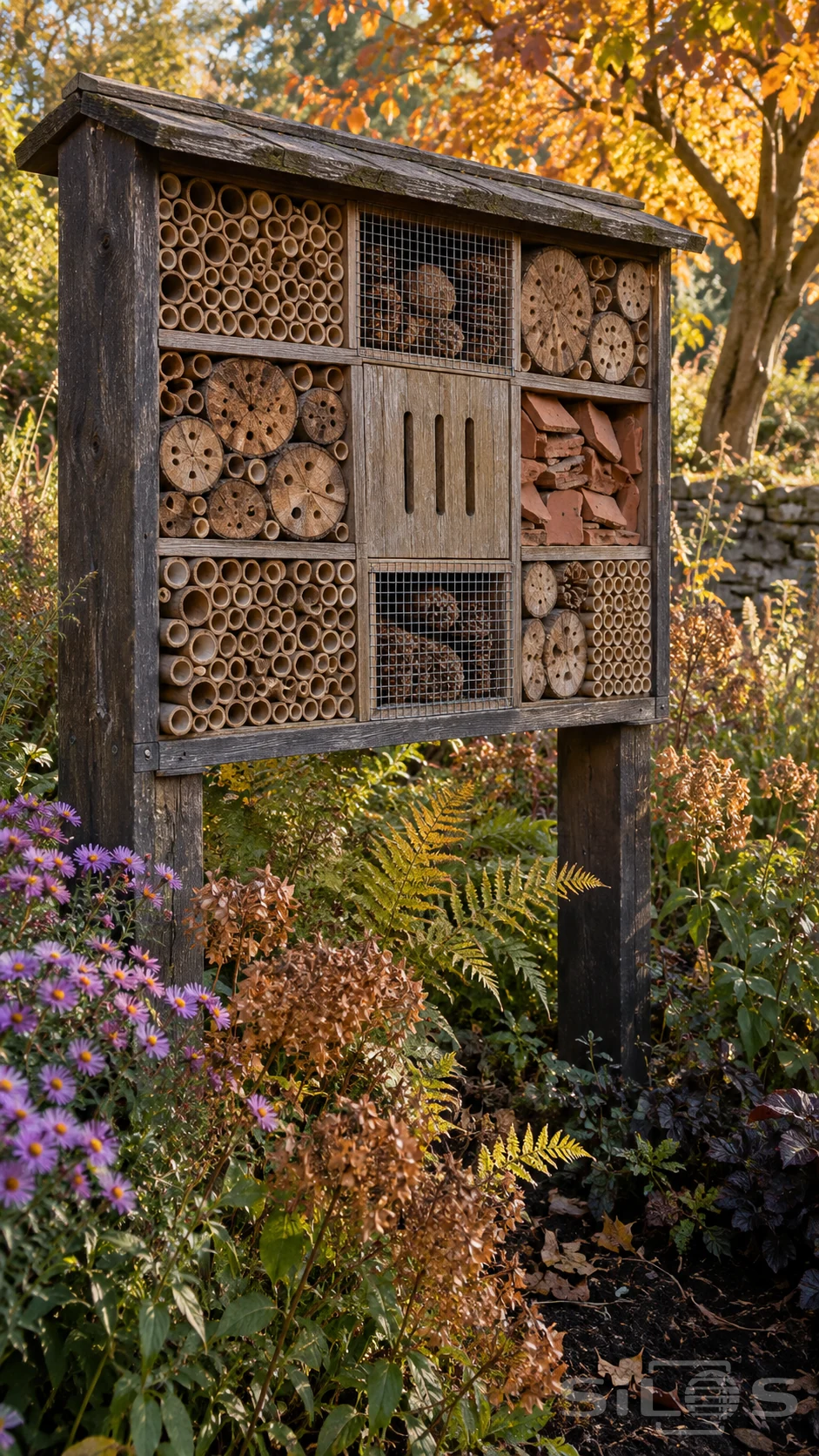 A timber insect hotel contains bamboo tubes, drilled log ends, clay fragments and mesh-covered pinecones among plants.