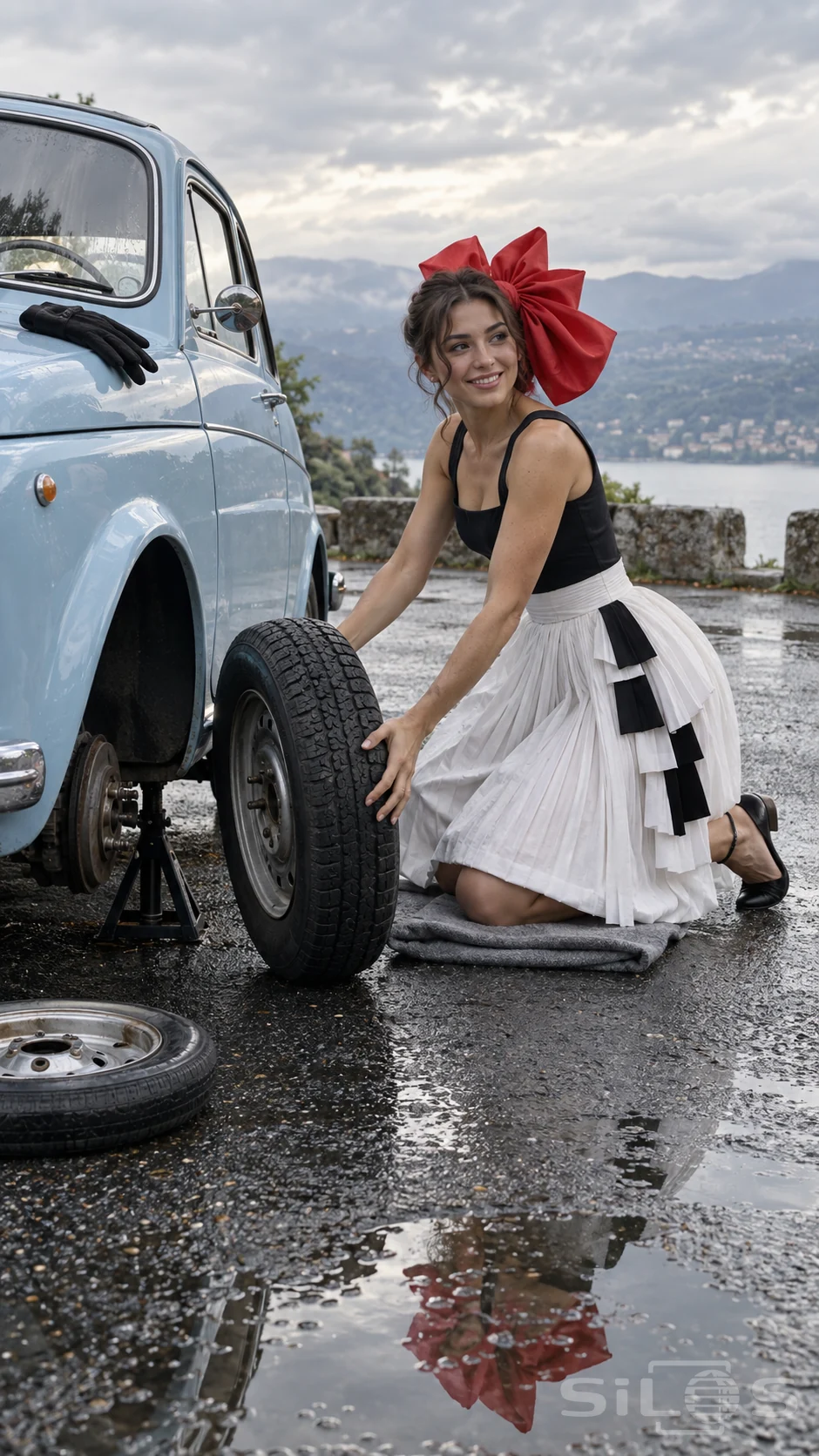 A woman in a giant red bow and white pleated skirt kneels beside a blue car, steadying a spare wheel on wet paving.