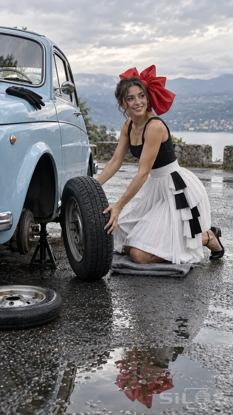 A woman in a giant red bow and white pleated skirt kneels beside a blue car; steadying a spare wheel on wet paving.