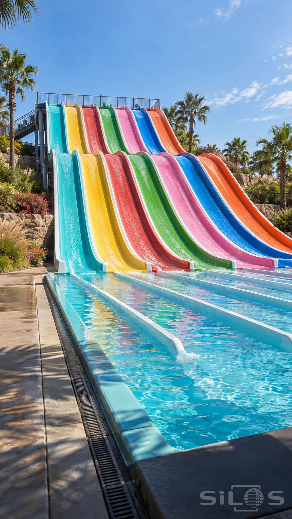 Empty colorful water slides run in parallel waves down a hillside toward a turquoise pool.