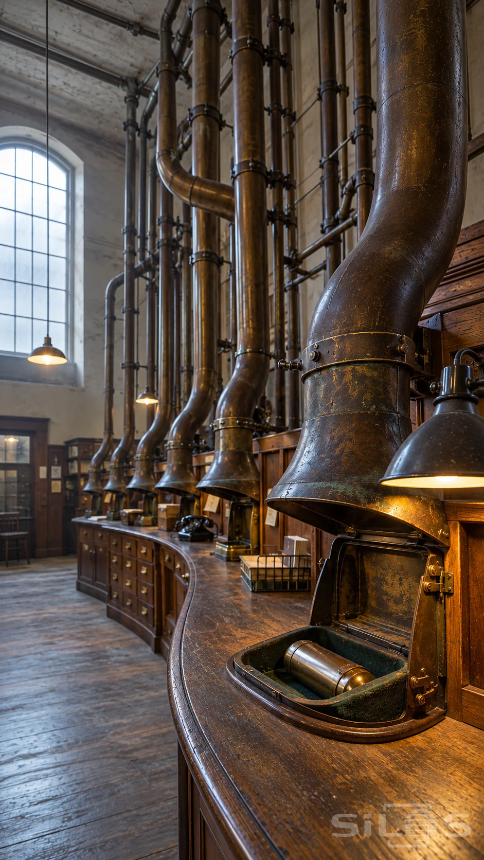 A brass capsule rests in an open felt-lined receiving tray in an old mail room with curved pneumatic tubes, oak counter and warm lamps.