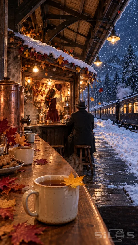 A maple leaf rests on a tea cup at a glowing wooden kiosk; with small figures; falling snow and a train beyond.