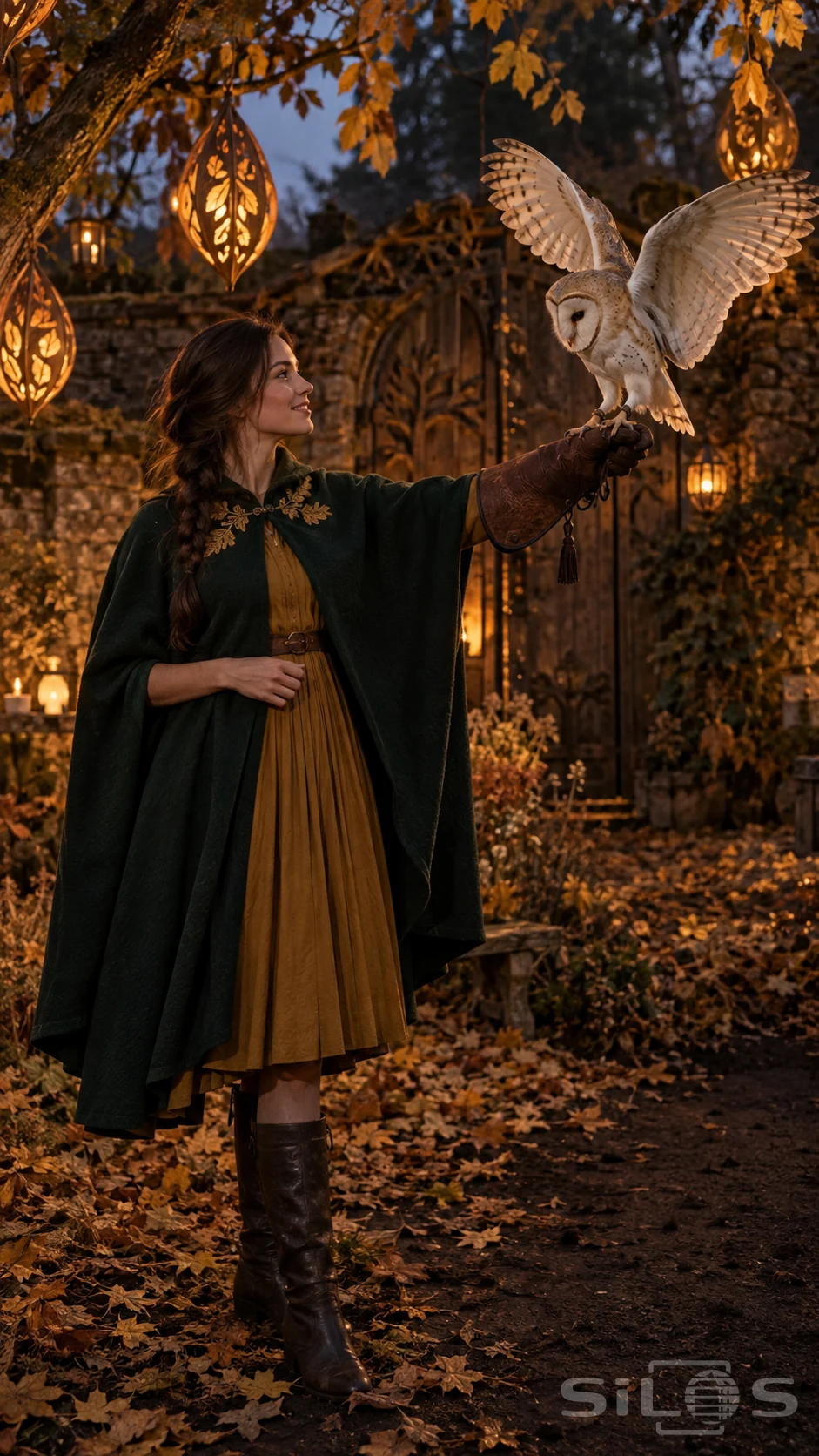 A barn owl landing on a leather glove held by an adult woman in an emerald cape beside glowing garden lanterns.