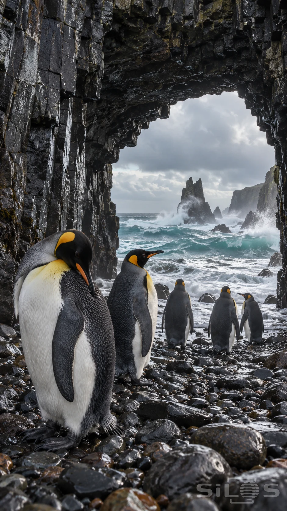 Five king penguins stand on wet pebbles beneath a basalt rock arch with storm surf and dark coastal stacks beyond.