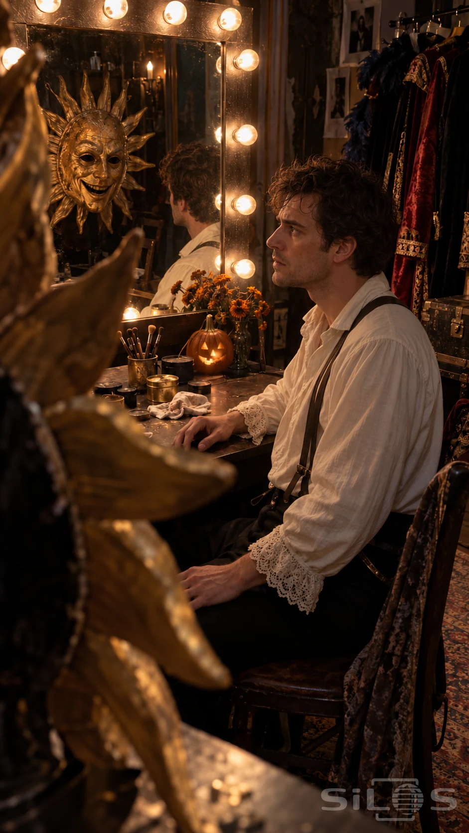 An actor turns toward a golden sun mask beside a bulb-lit dressing mirror, with costume robes hanging behind him.