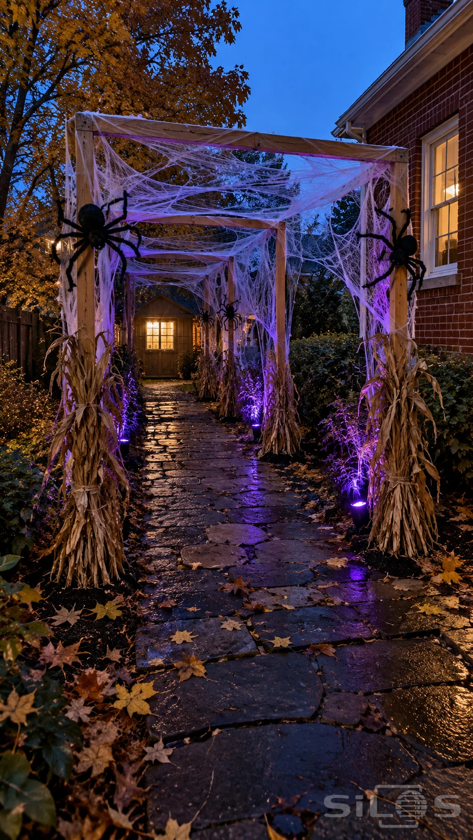 Violet cobwebs and black toy spiders cover a timber corn stalk tunnel above wet paving beside a brick house at dusk.