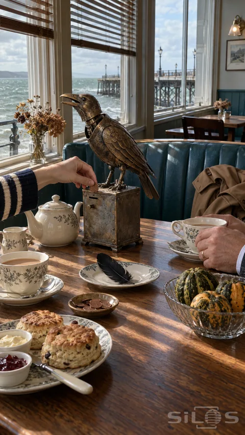 Brass mechanical crow on a penny machine beside tea; scones and a black feather; overlooking a sunlit seaside pier.