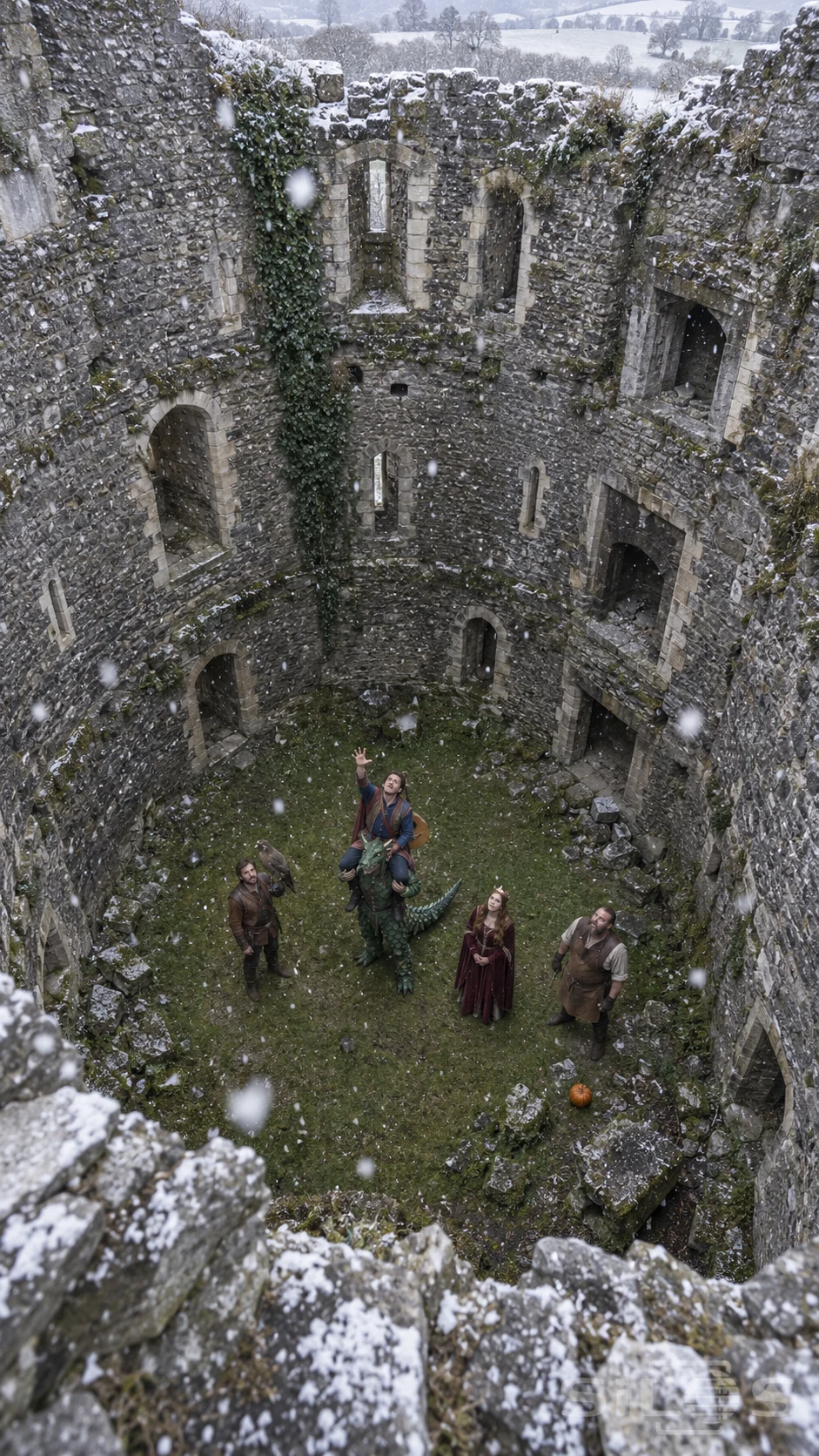 Five costumed adults look up from the grassy floor of a ruined keep as snow falls.