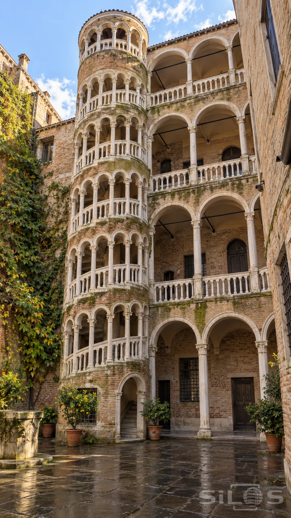 Round brick stair tower with pale stone arches beside open galleries, citrus pots and wet courtyard paving.