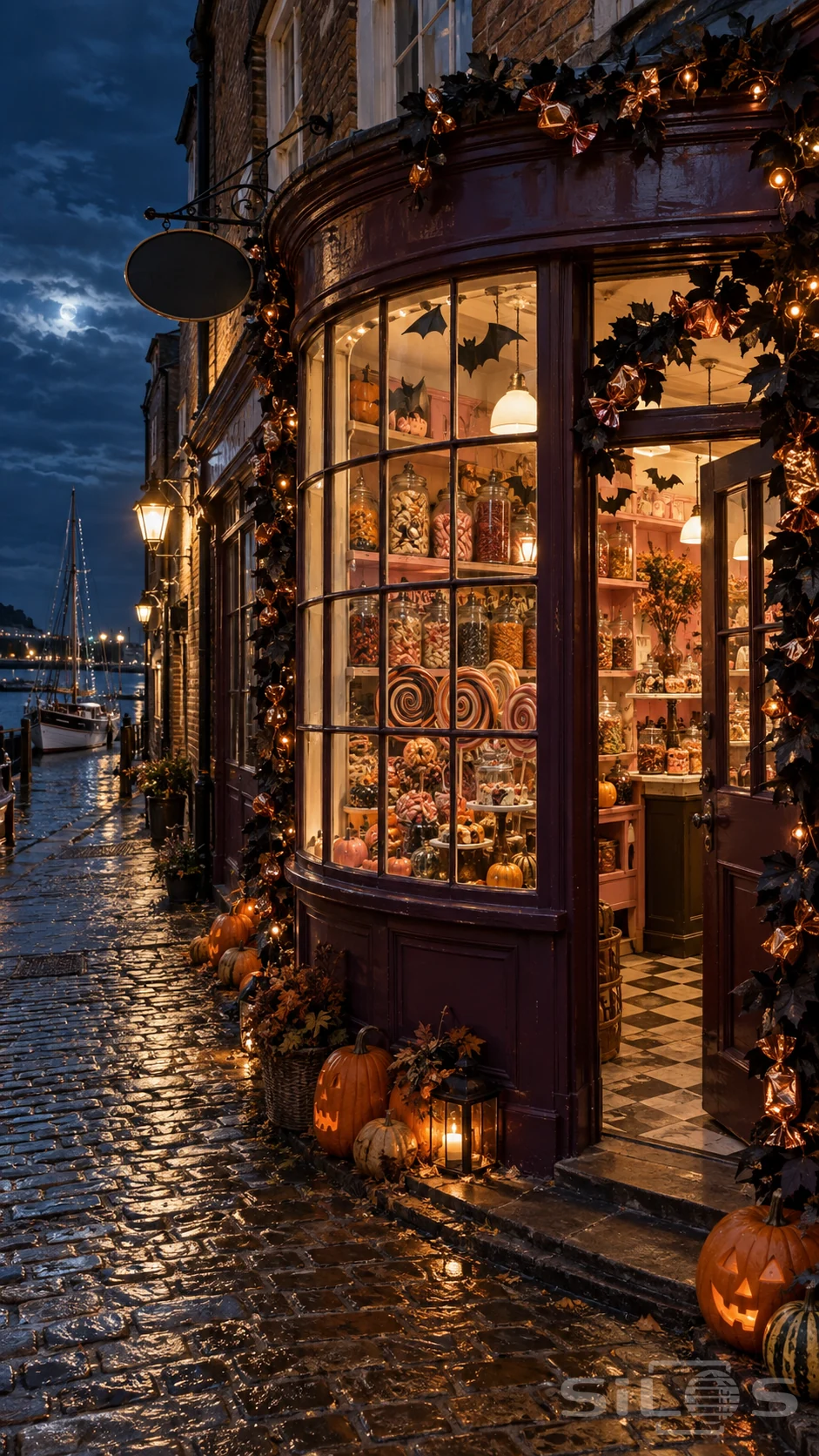 Halloween sweet shop with a curved window full of jars and lollipops, paper bats and copper garlands beside a harbor lane.