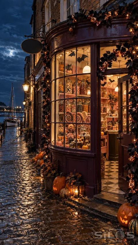Halloween sweet shop with a curved window full of jars and lollipops; paper bats and copper garlands beside a harbor lane.