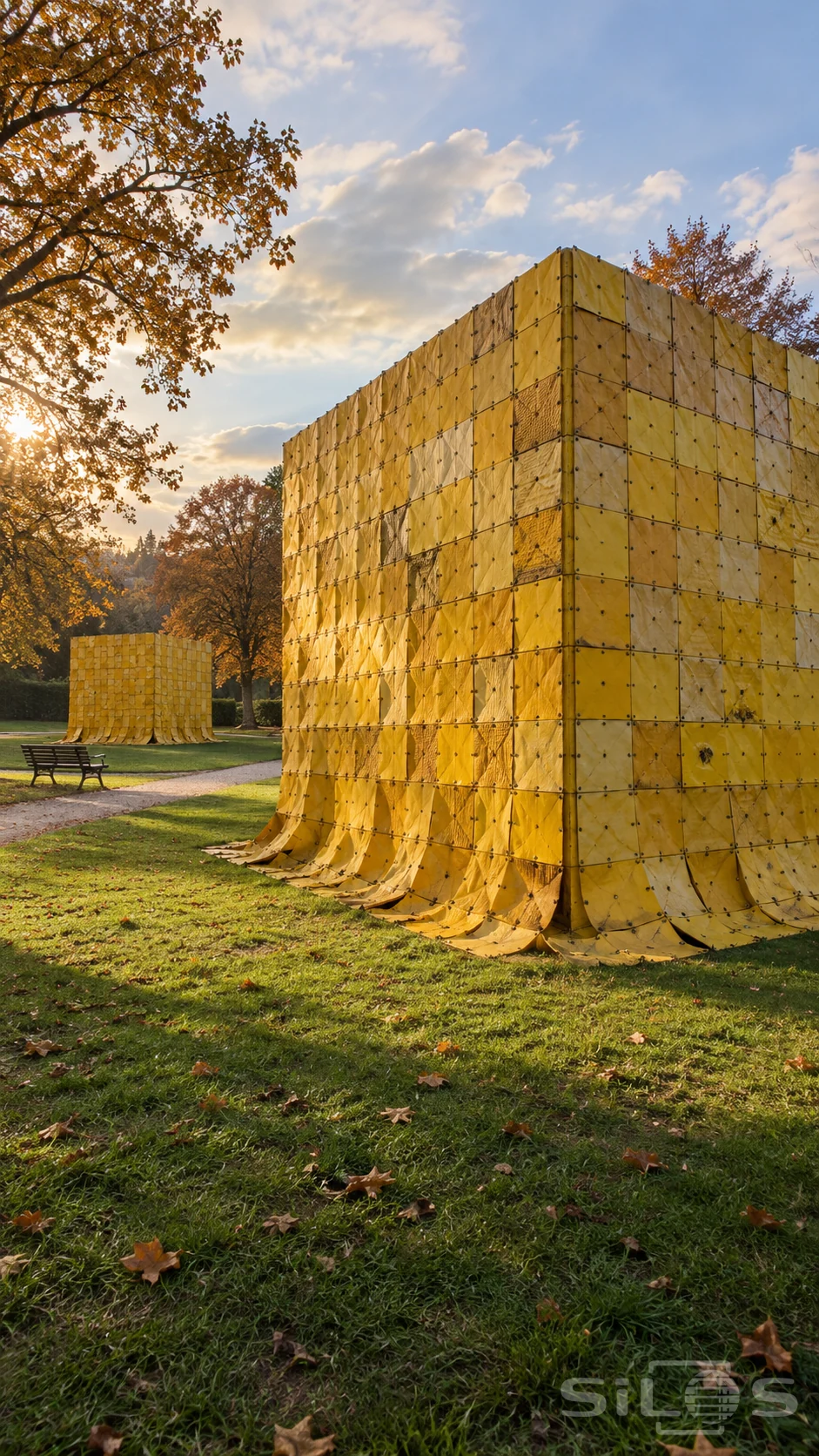 Two large yellow cubes covered in stitched weathered squares stand on an autumn lawn with their lower panels folding onto the grass.