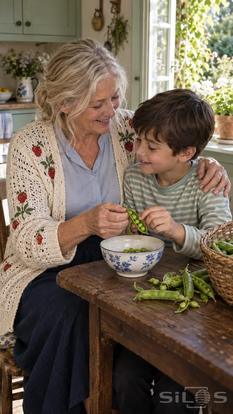 A grandmother and grandson smile while opening green pea pods over a white bowl with blue flowers at a kitchen table.