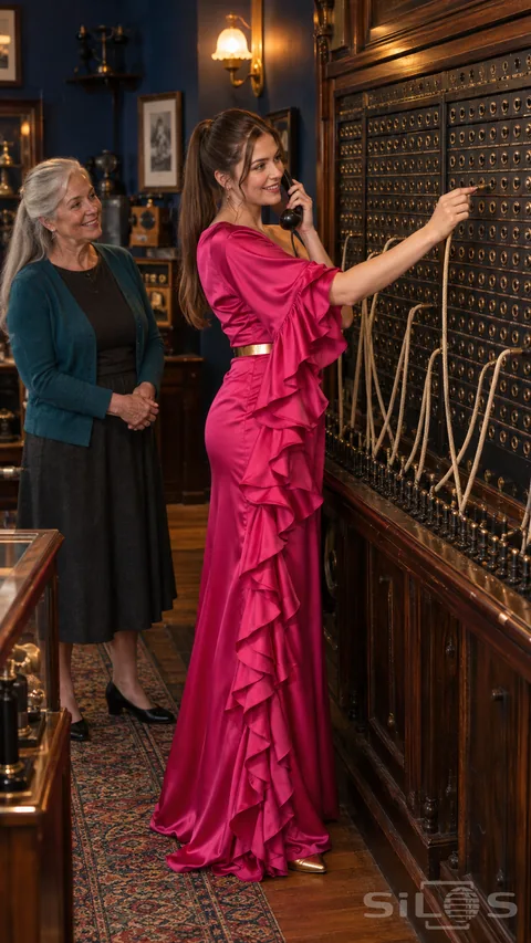 A woman in a fuchsia gown holds a receiver at a wooden telephone exchange while an older guide smiles beside her.