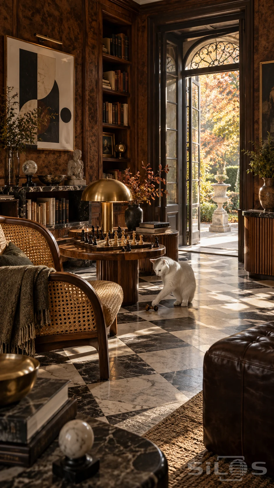 A walnut chess room holds an interrupted game beneath a brass dome lamp.