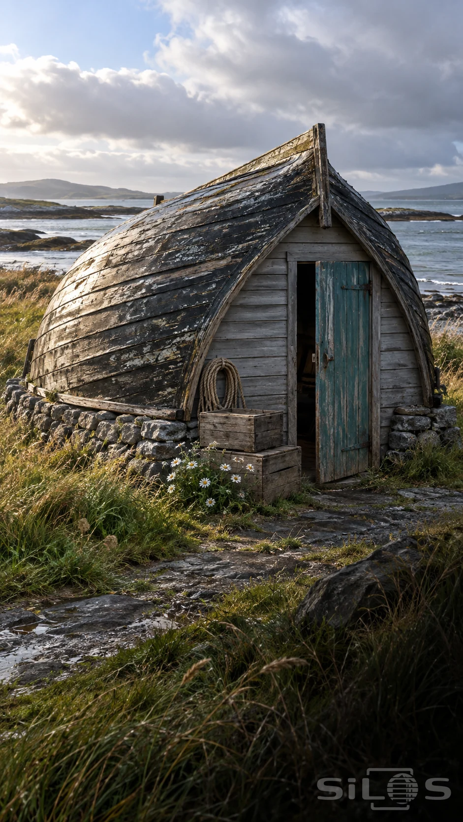 An upturned boat hull forms the roof of a small timber shed with a teal door, rope coil and grasses beside the shore.