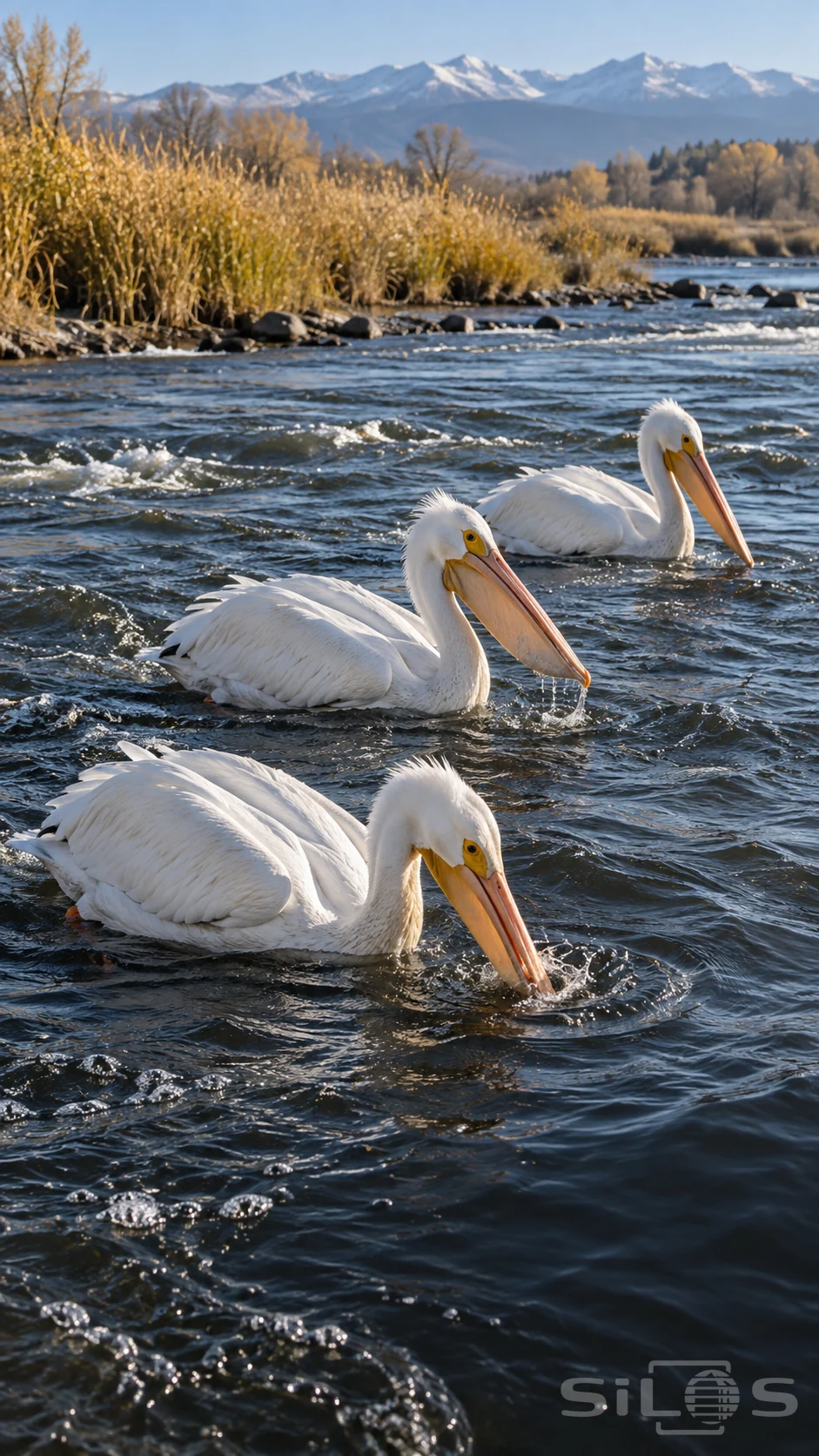 Three white pelicans feed in a rippling river, with one bill dipped into the water and an autumn reed bank below distant mountains.