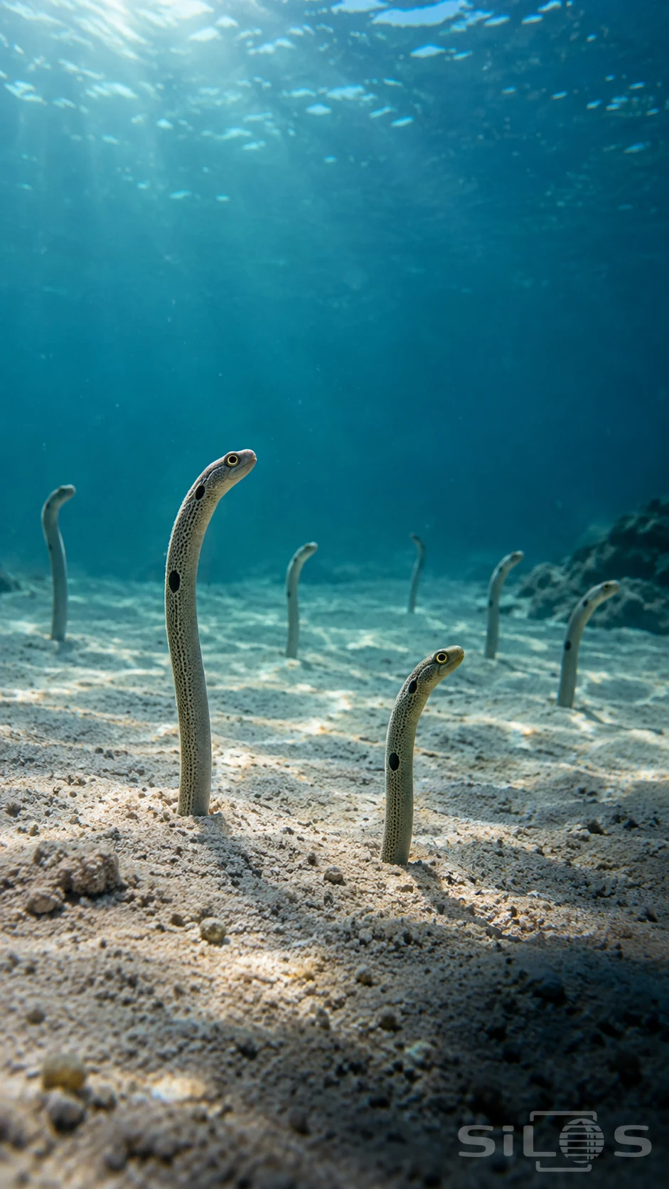 Seven garden eels with spotted bodies rise separately from pale sand beneath clear blue water and rippled sunlight.