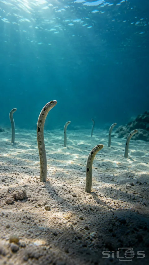 Seven garden eels with spotted bodies rise separately from pale sand beneath clear blue water and rippled sunlight.