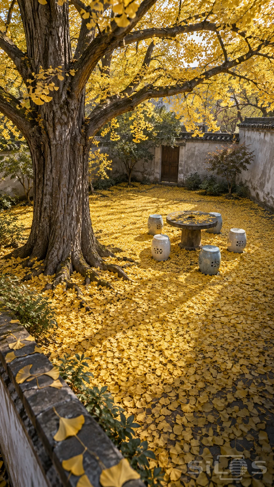 Golden ginkgo leaves cover a walled courtyard around a round stone table and five pale ceramic stools beneath a large tree.