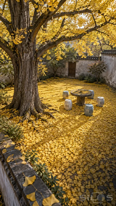 Golden ginkgo leaves cover a walled courtyard around a round stone table and five pale ceramic stools beneath a large tree.