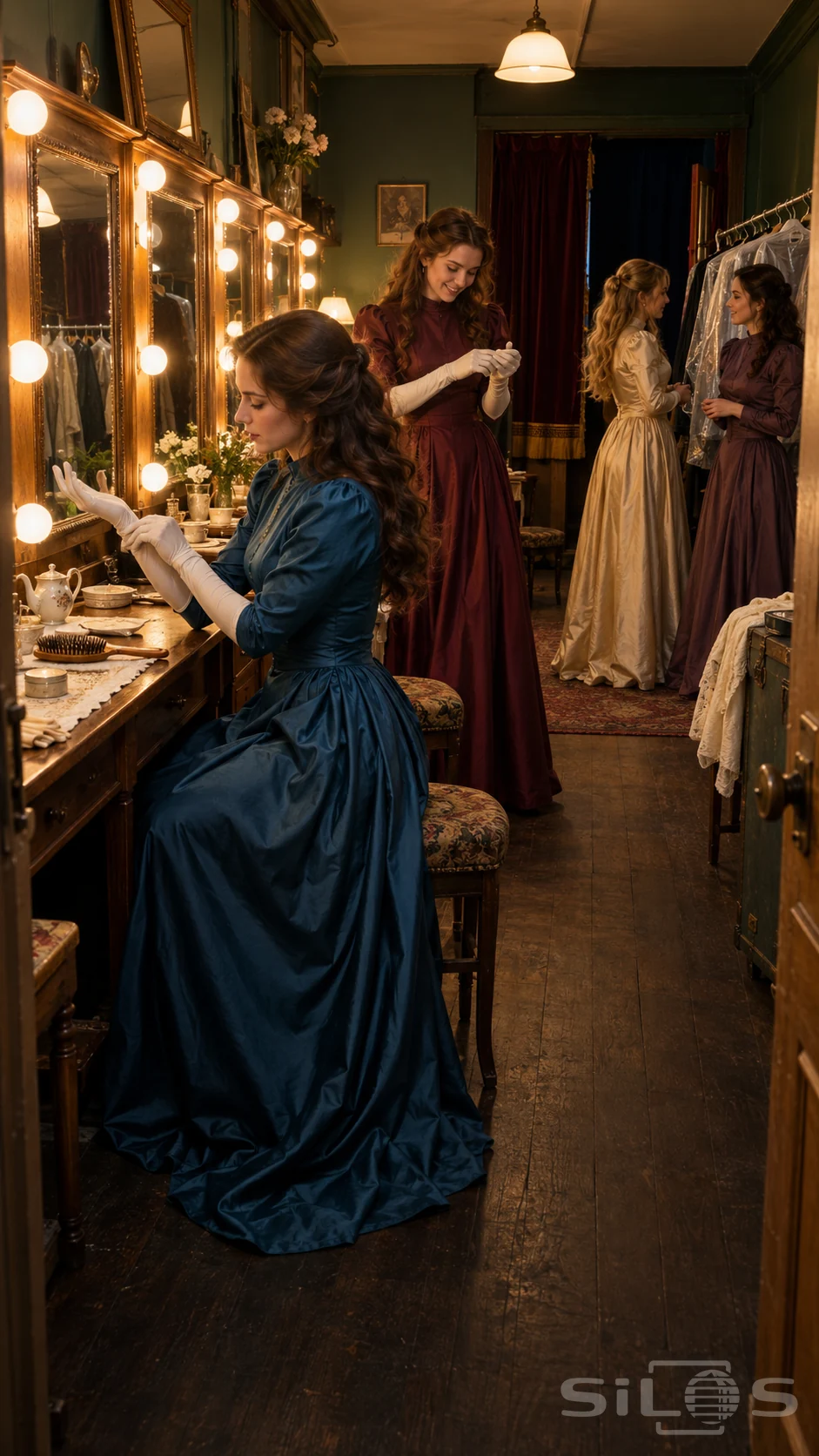 Four adult women in long stage dresses prepare gloves and chat in a warm theatre dressing room with bulb-lit mirrors.