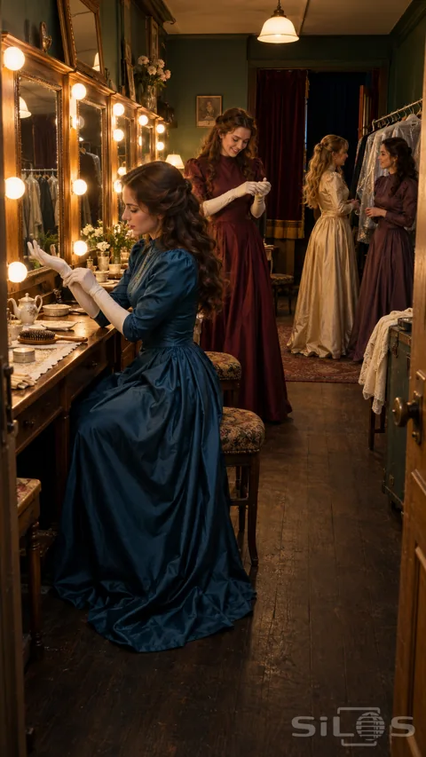 Four adult women in long stage dresses prepare gloves and chat in a warm theatre dressing room with bulb-lit mirrors.