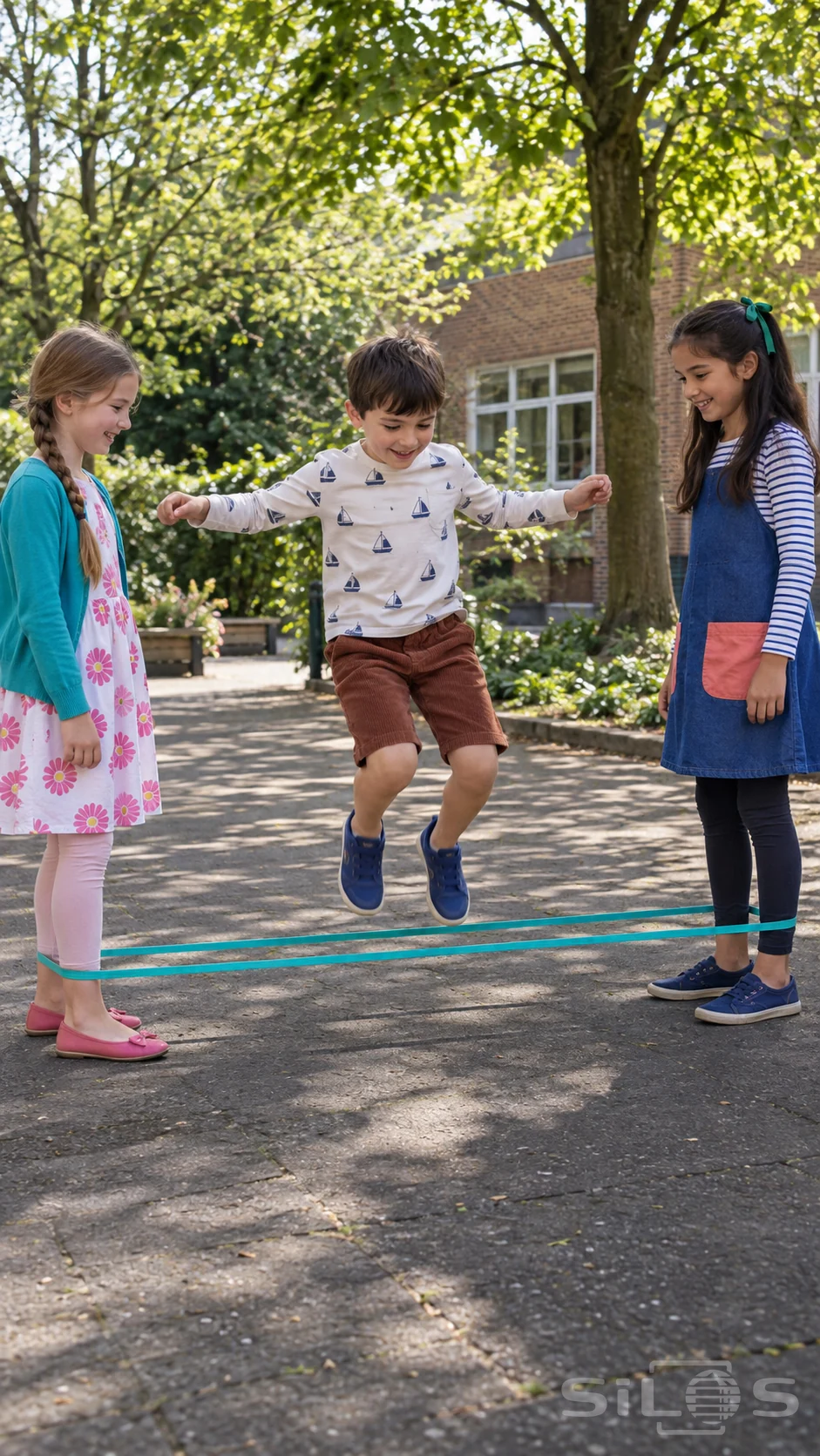 Three children play an elastic jumping game with a low turquoise loop on a shaded school garden path.