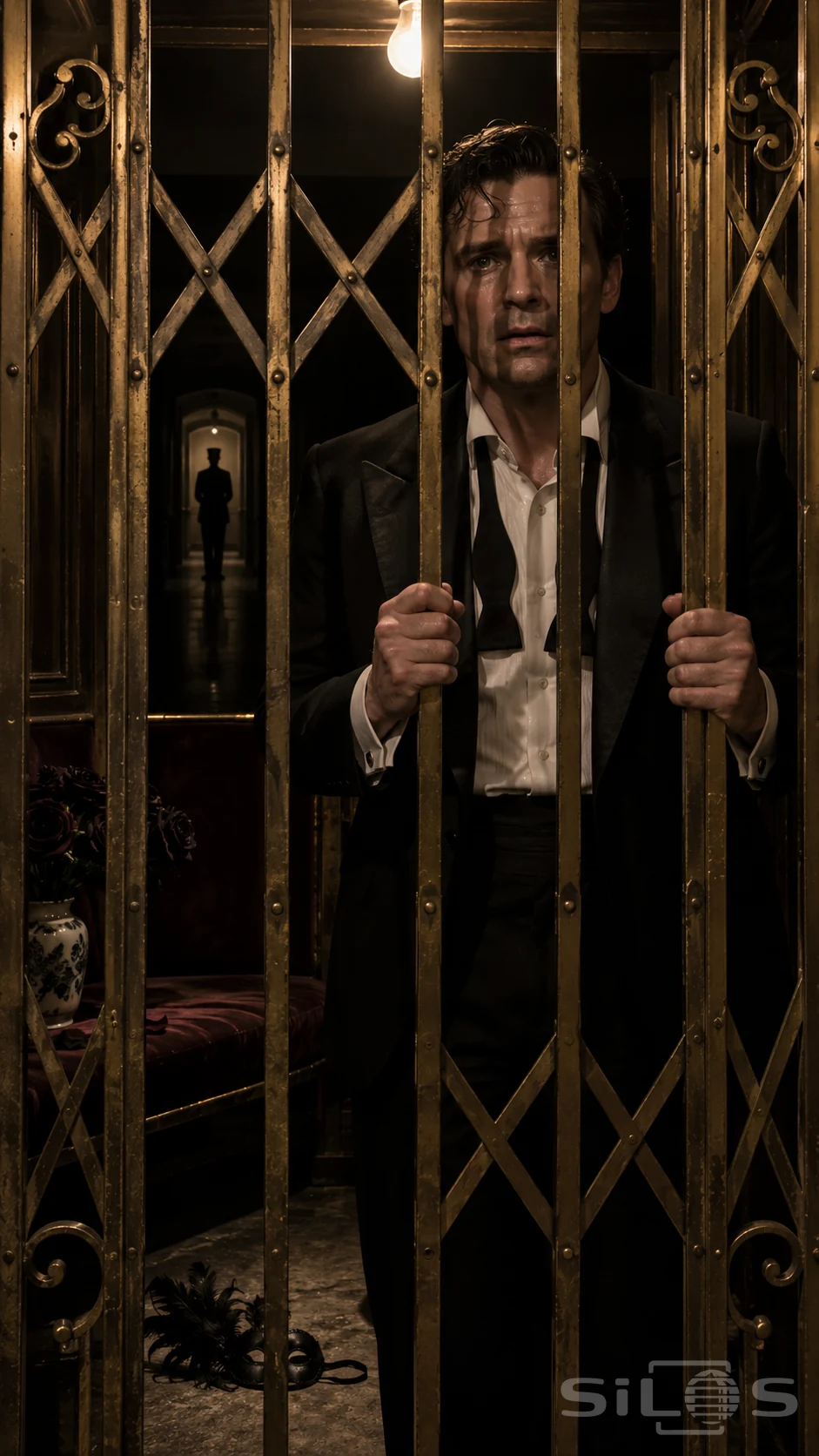 A man in an undone dinner jacket grips a worn brass cage-lift grille beneath a bare bulb, with a bellboy silhouette far behind.