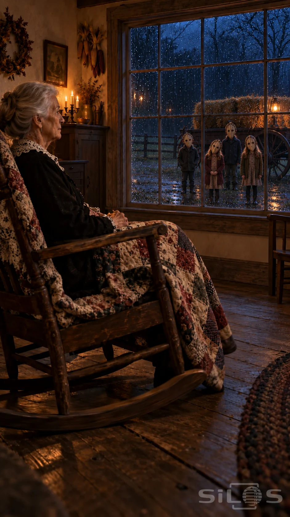 An elderly woman in a rocking chair watches four masked children standing outside near a lantern-lit hay wagon through a rainy window.