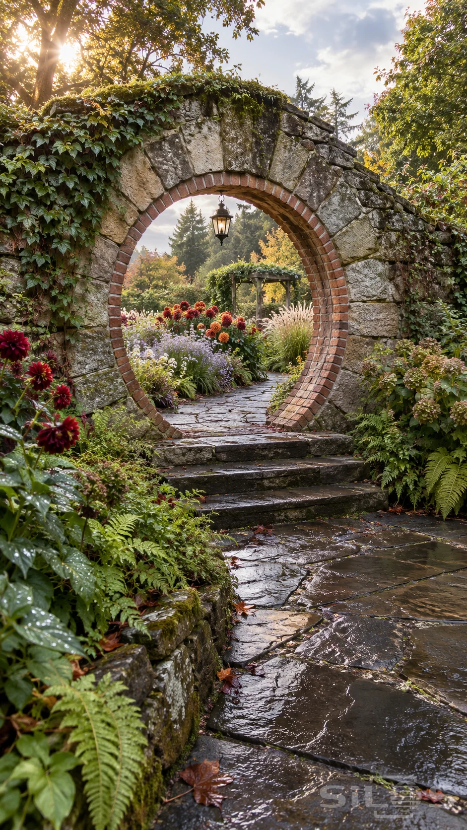 A round gateway of rough stone and red brick opens onto a wet garden path bordered by dahlias, asters and grasses.