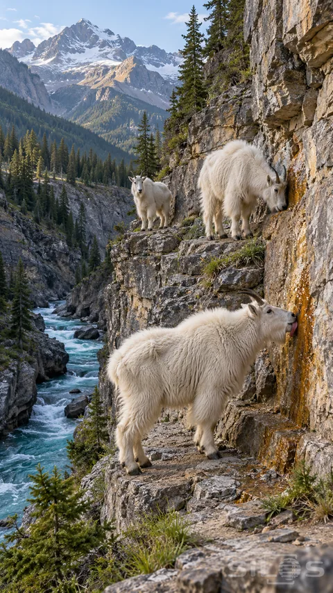 Three mountain goats lick and gather beside a mineral seam on cliff ledges above a turquoise river.