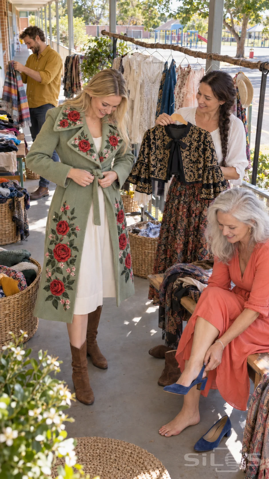 A woman ties an embroidered coat at a clothes swap while friends examine a black gold bolero, blue shoes and scarves.