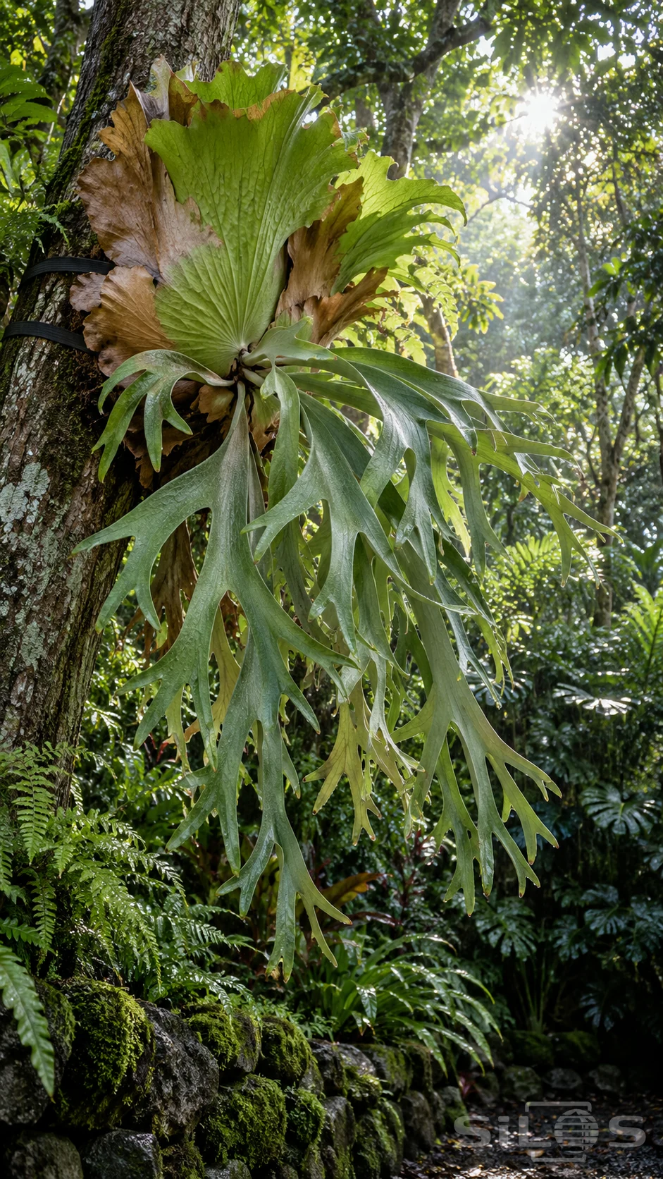 A giant staghorn fern attaches to a rough tree trunk, with broad shield fronds and long branching green leaves.
