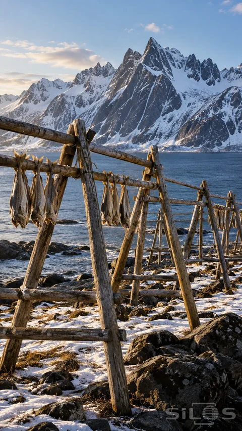 Wooden drying racks hold rows of fish above a snowy rocky shore; with blue sea and steep snow-striped mountains behind.