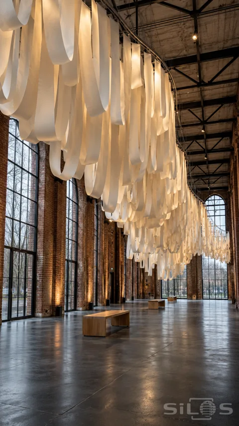 A vast suspended canopy of ivory paper loops curves through a tall brick gallery with arched windows and oak benches.