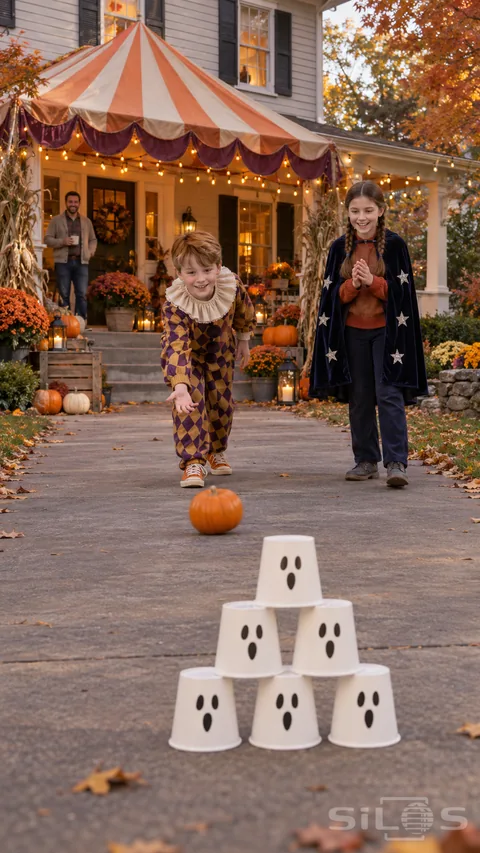 Two costumed children play pumpkin bowling toward stacked ghost cup targets on a decorated Halloween driveway.