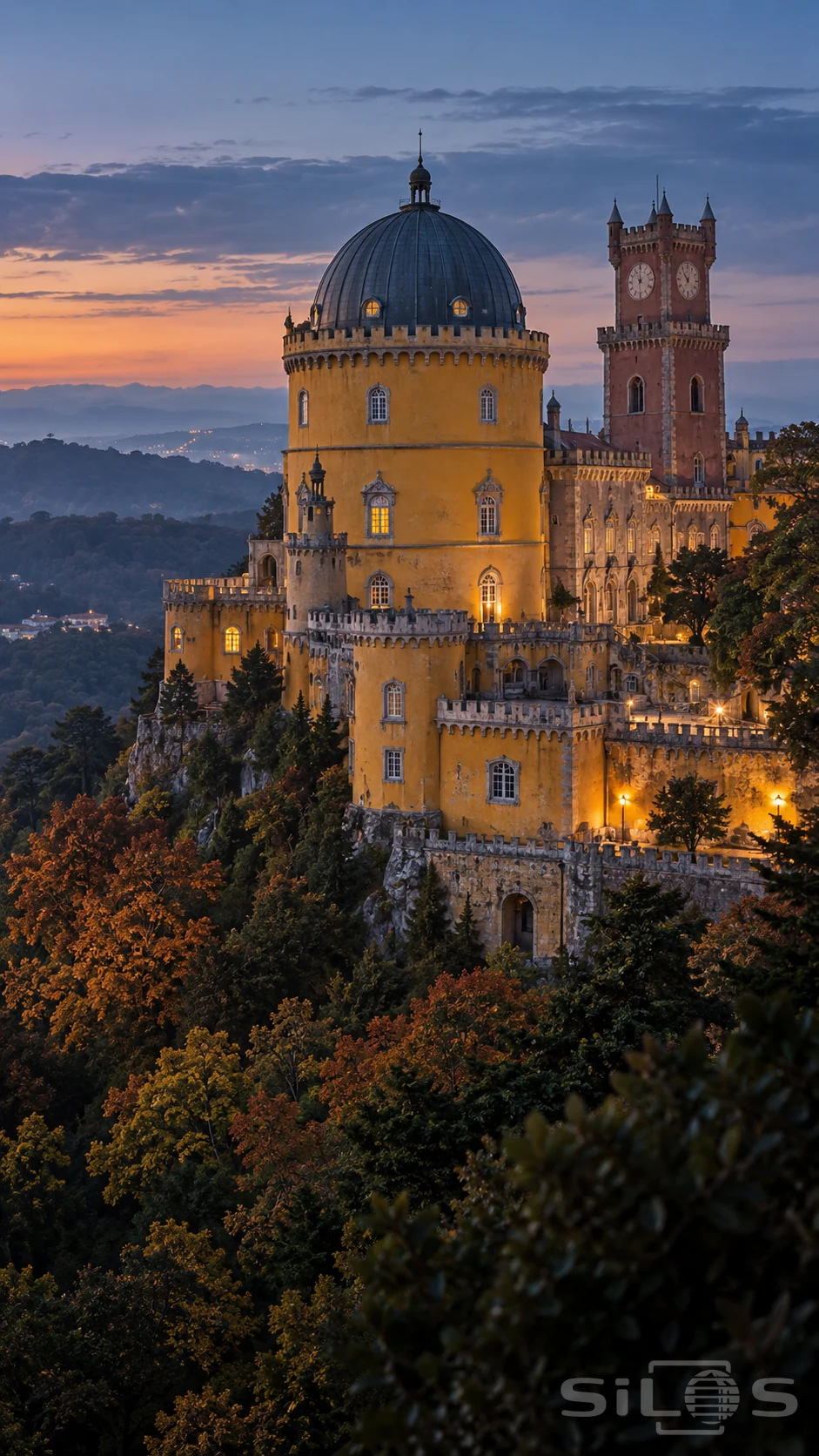 A golden palace with a large slate dome, red clock tower and lit terraces rises above a wooded hillside at dusk.