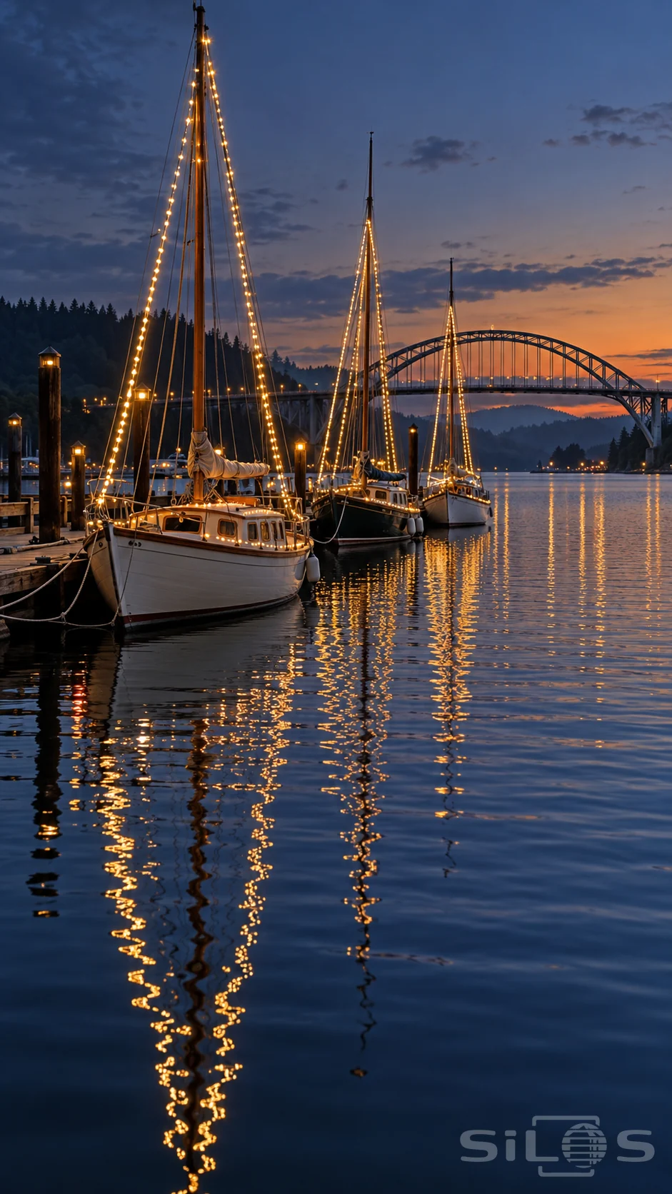 Rigging lights outline three moored sailboats beneath an arched bridge with golden reflections on blue water.