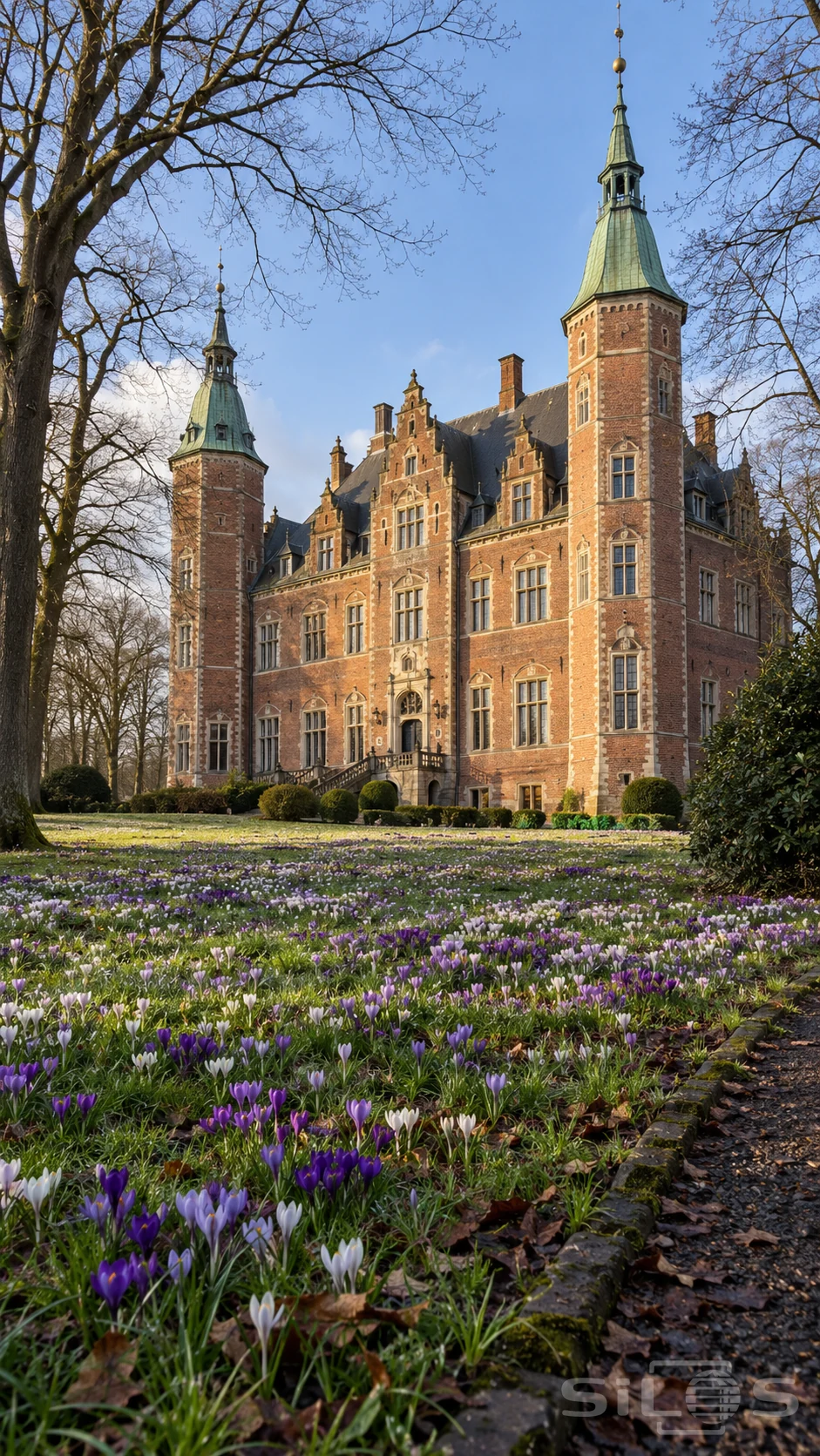 Red-brick castle with green copper towers and stepped gables above a lawn of white and purple crocuses.