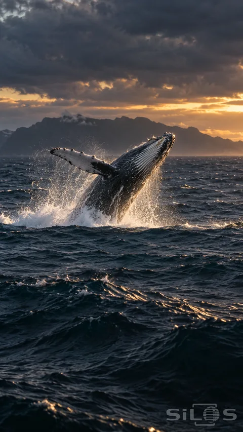 A humpback whale breaches above dark water with one long flipper extended and white spray falling from its body.