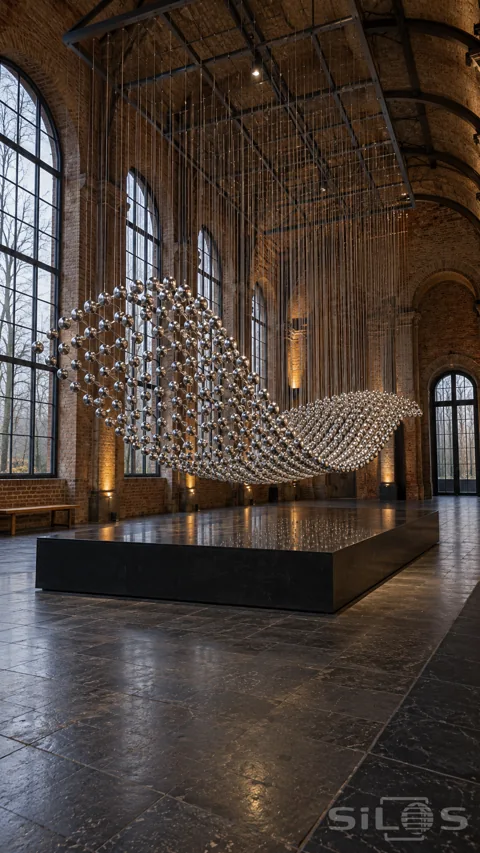 A rectangular field of silver balls hangs at varied heights to form a wave above a dark plinth in a vaulted brick hall.