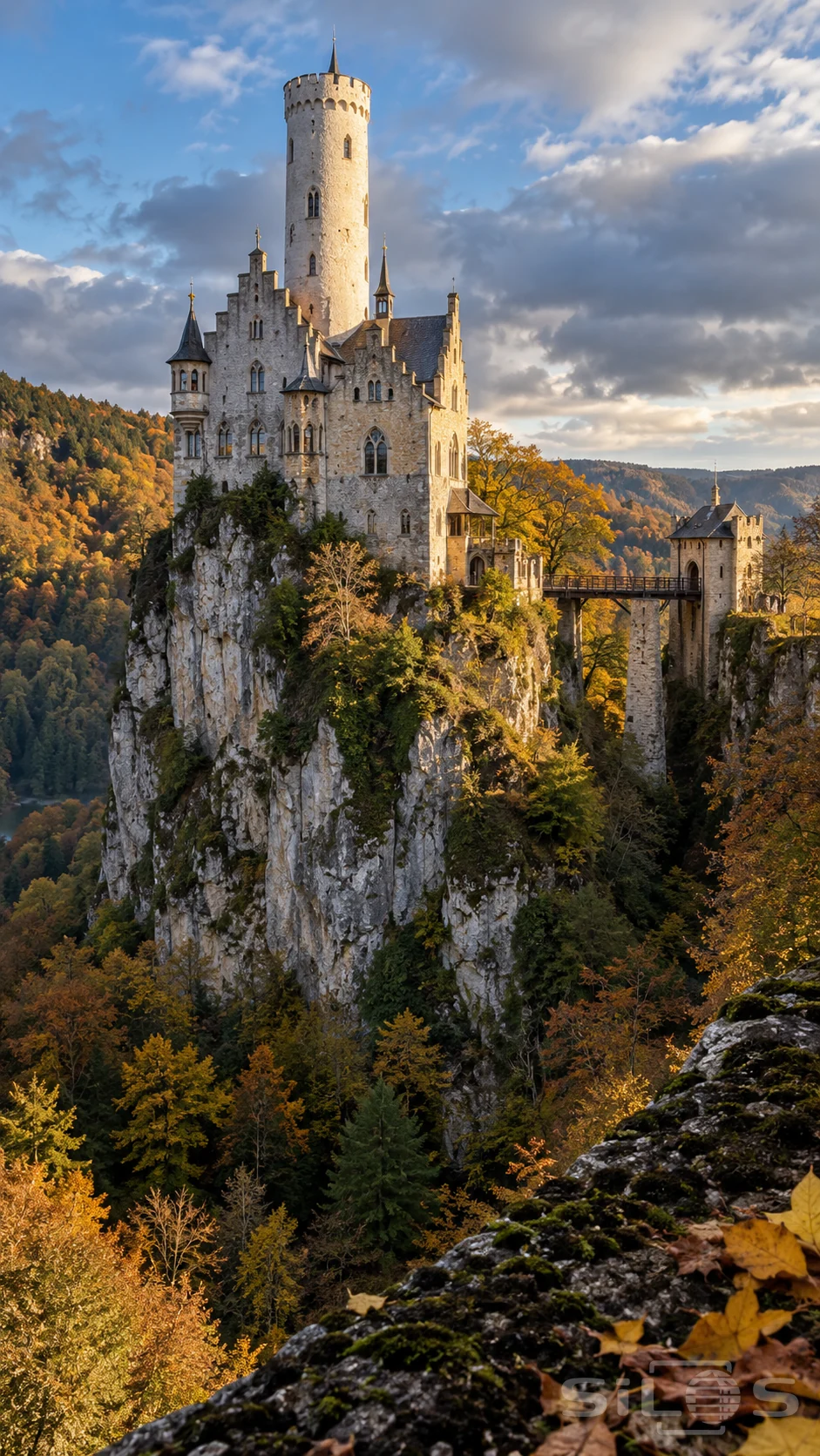 A pale castle with a tall round tower and stepped gables stands on a limestone crag, joined by a narrow bridge to a gatehouse.