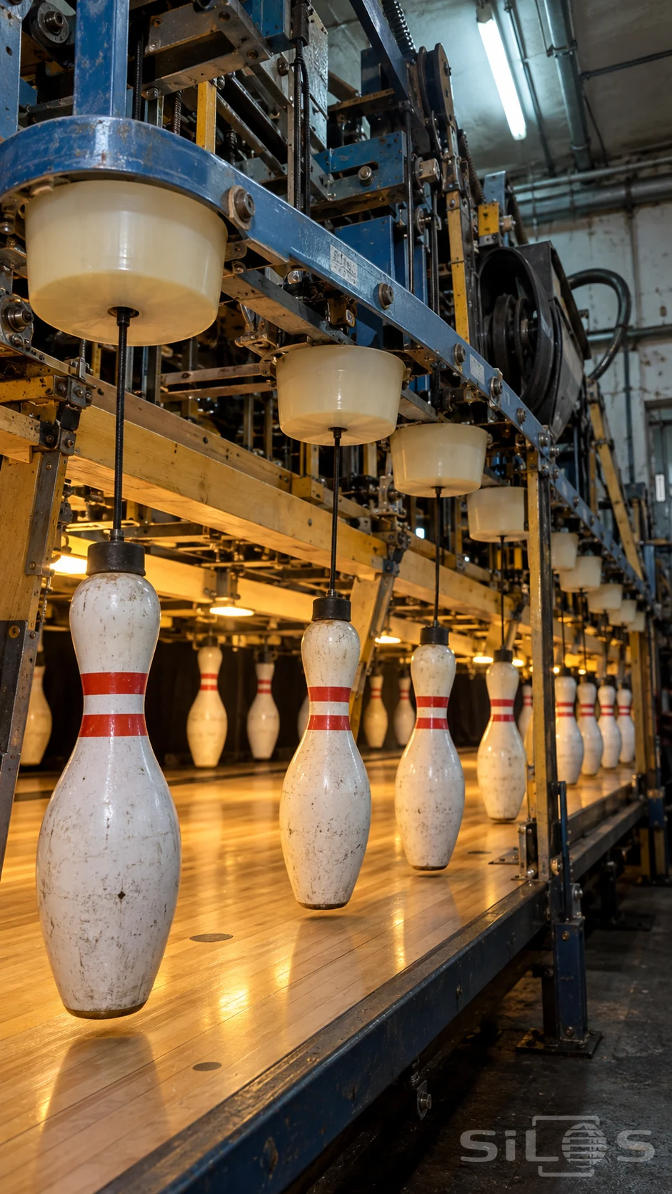 A string pinsetter behind a bowling lane with white bowling pins hanging from individual lifting cords beneath a blue steel frame.