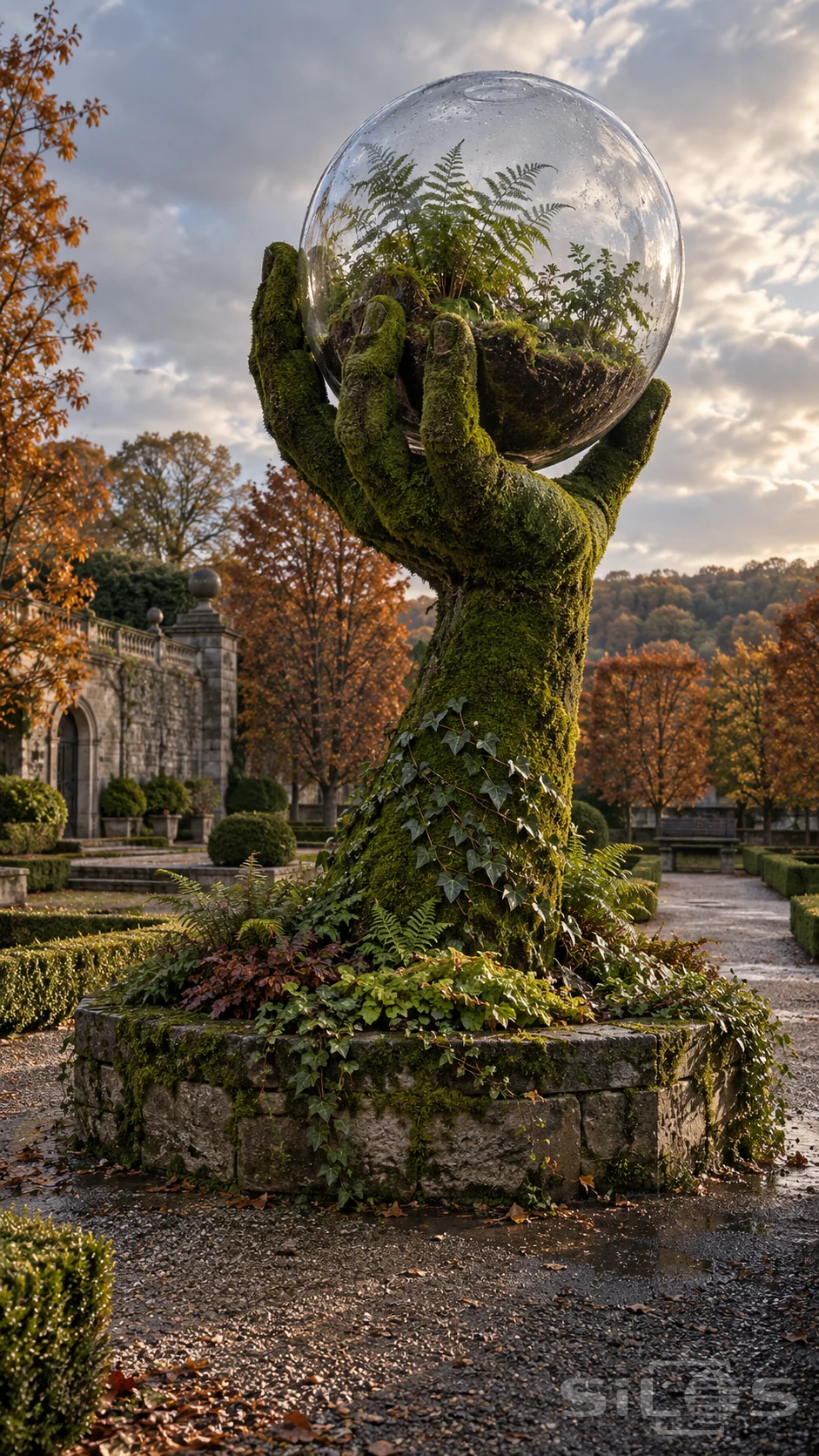 A giant moss-covered hand holds a round glass terrarium above a stone planter in an autumn garden.