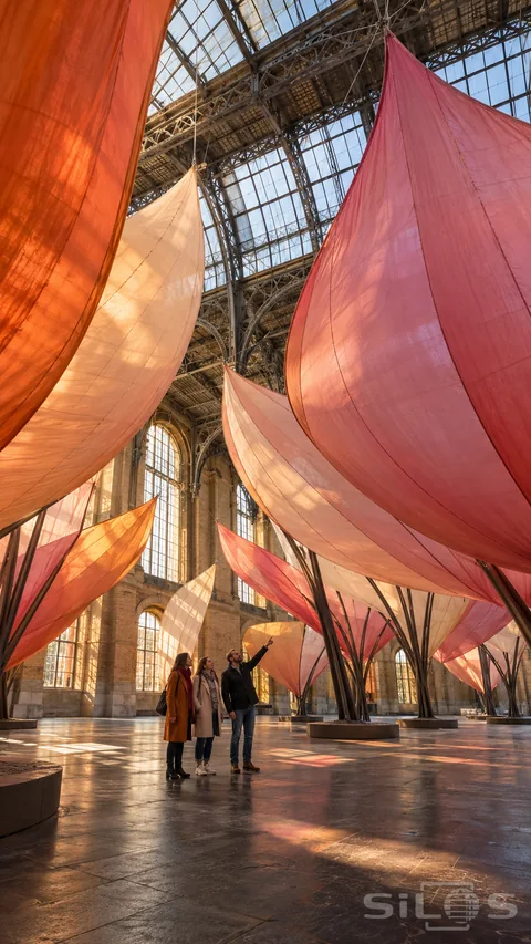 Three adults look up at enormous pink and apricot petal sails supported beneath the iron roof of an old station hall.