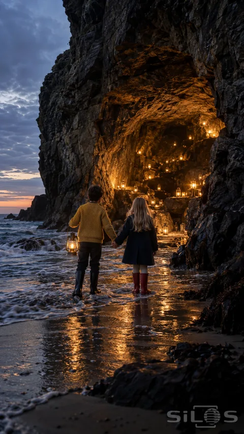Two children in coats and boots hold hands before a rocky sea cave lit with dozens of lanterns at dusk.