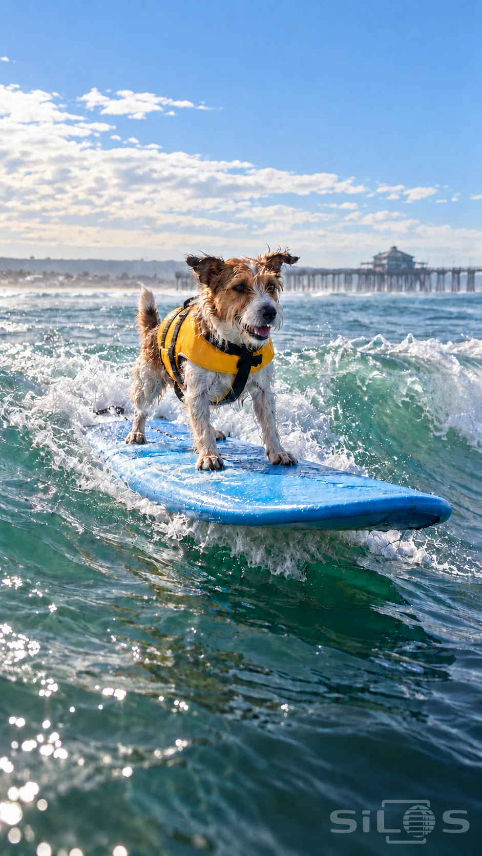 Surfing dog in a yellow life jacket standing on a blue board above a small turquoise wave, with a pier behind.