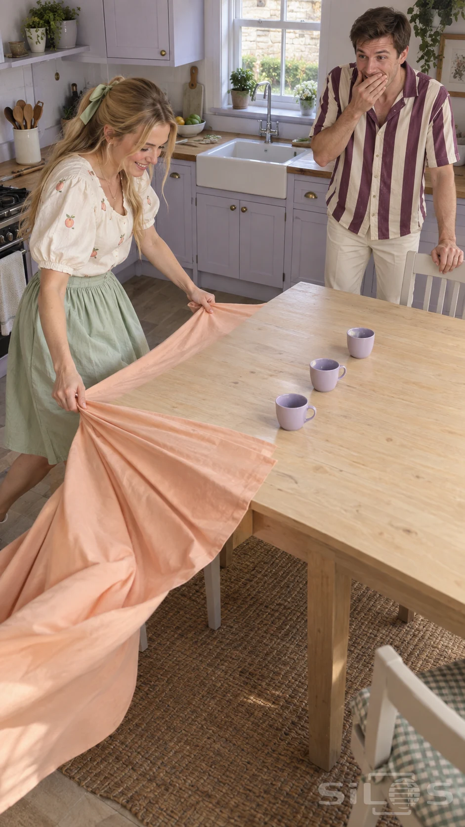 Tablecloth trick with a woman pulling peach fabric leftward as three lilac cups remain on a wooden table and a friend watches.